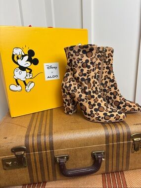 Disney x Aldo Tan Ankle Boots with Leopard Mickey Print, Size 8